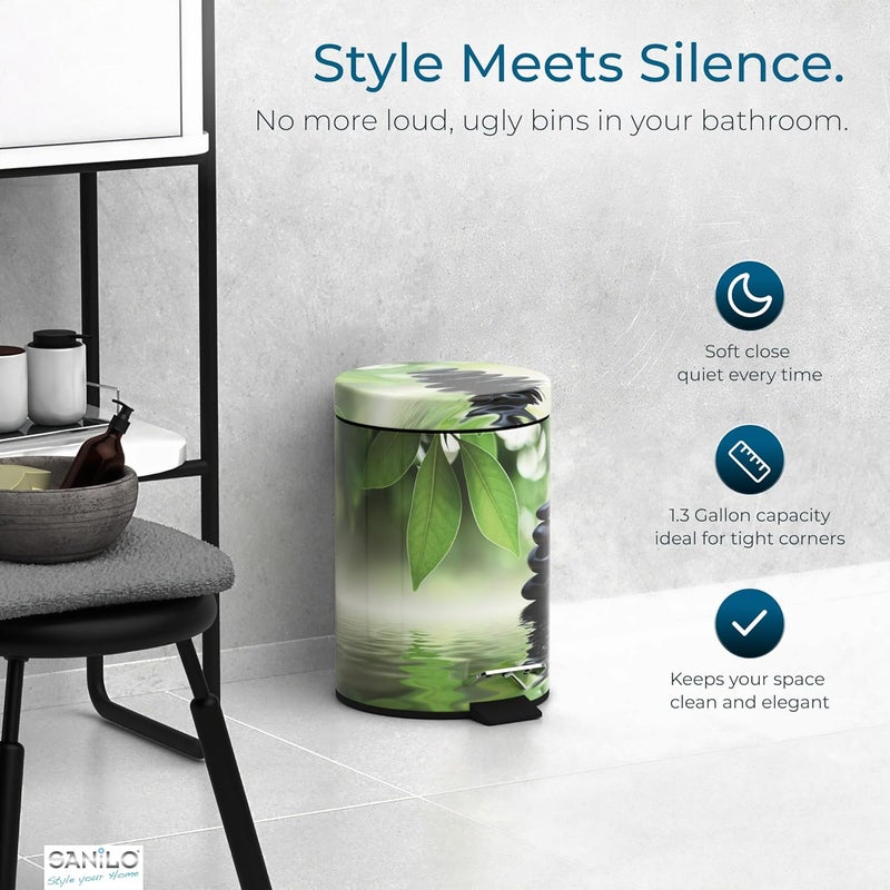 Sanilo Small Bathroom Trash Can with Lid [1.3 Gallon] - Lidded Tiny Trashcan for Garbage - Mini Metal Bin with Soft Closing Mechanism - Bath Room Accessoire Wastebin with Inner Bucket (Harmony) - Image 3